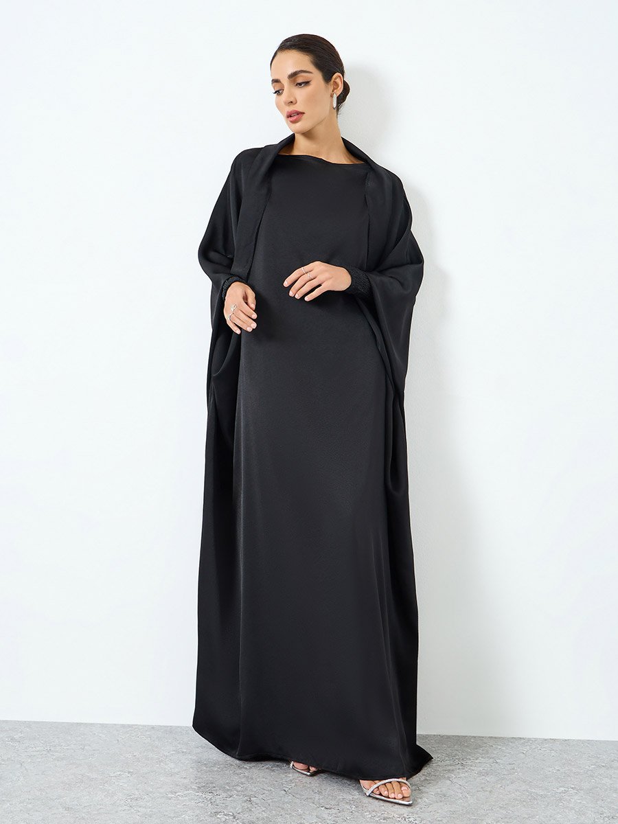 Women Black Kimono Sleeve Abaya
