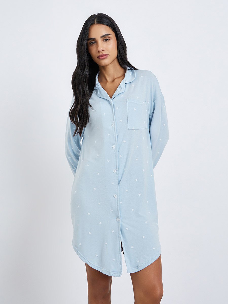 Blue Heart Print Long Sleeve Modal Nightshirt Dress