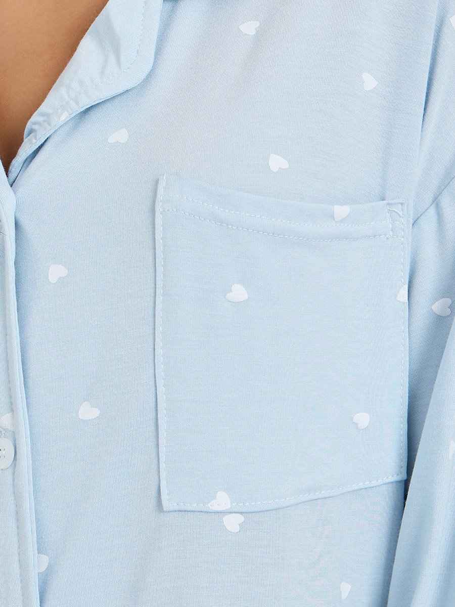 Blue Heart Print Long Sleeve Modal Nightshirt Dress