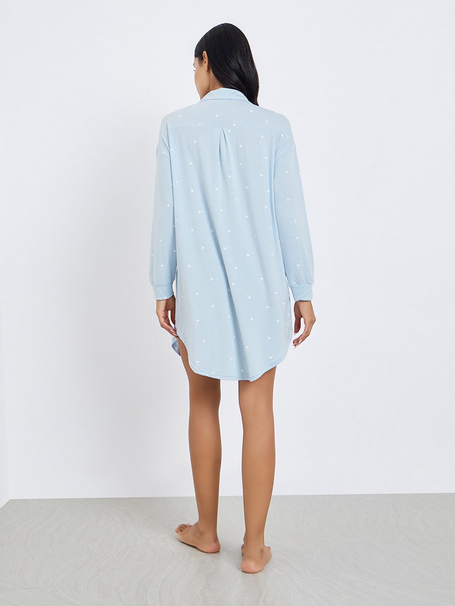 Blue Heart Print Long Sleeve Modal Nightshirt Dress