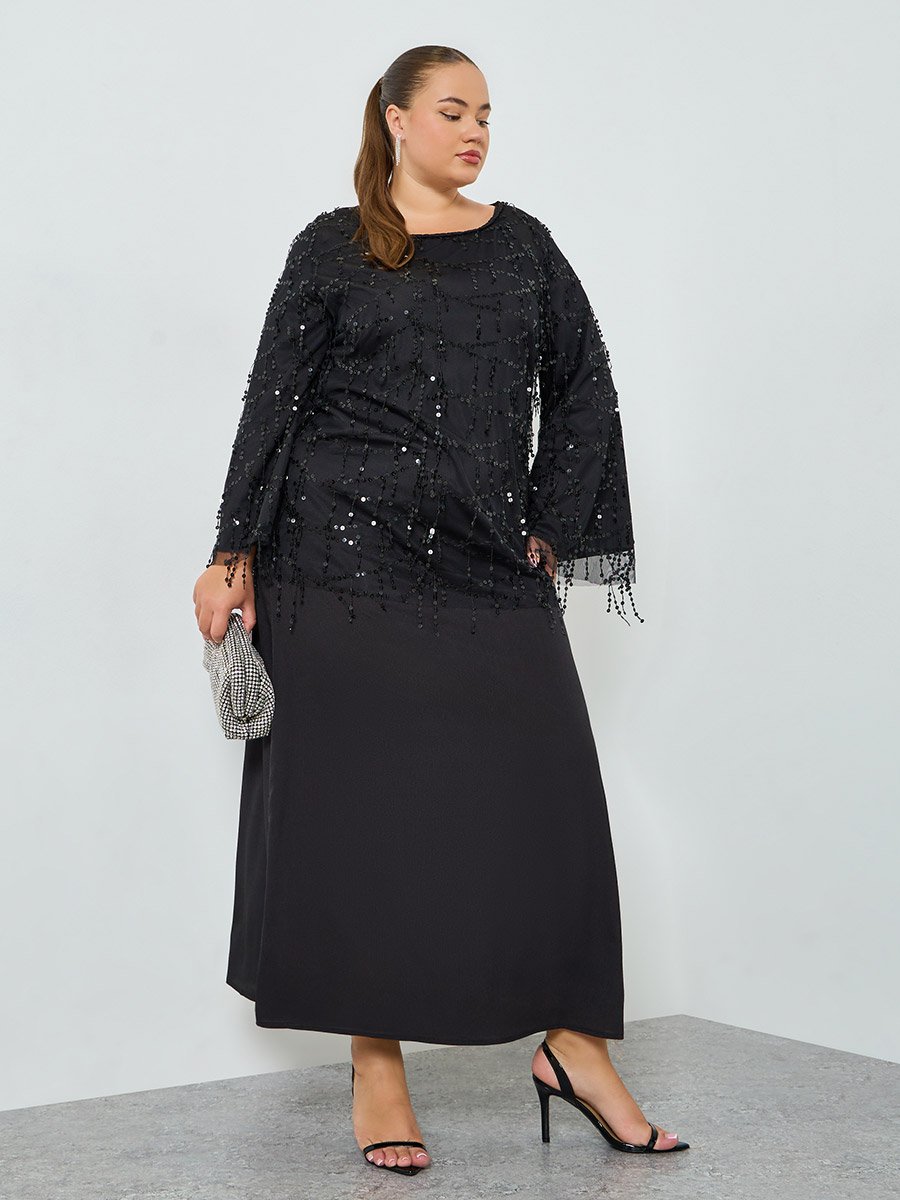 Plus Size Black Sequin Long Sleeves A-Line Maxi Dress For Women at Kuwait | Styli Plus Size Black Sequin Long Sleeves A-Line Maxi Dress For Women at Kuwait | Styli