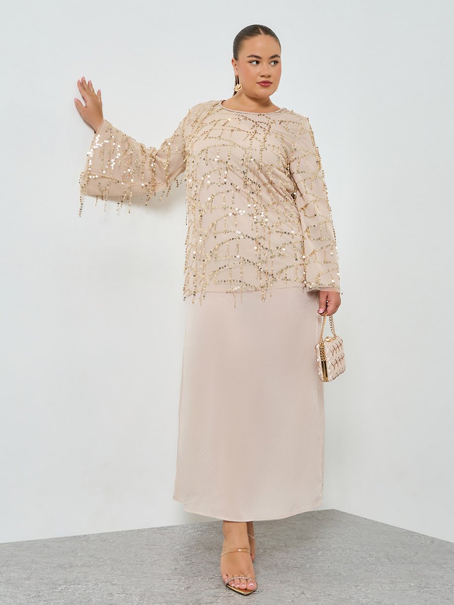 Plus Size Beige Sequin Long Sleeves A-Line Maxi Dress For Women at UAE | Styli Plus Size Beige Sequin Long Sleeves A-Line Maxi Dress For Women at UAE | Styli