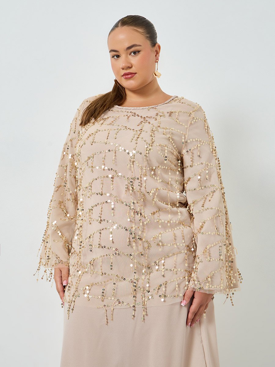 Plus Size Beige Sequin Long Sleeves A-Line Maxi Dress For Women at Kuwait | Styli Plus Size Beige Sequin Long Sleeves A-Line Maxi Dress For Women at Kuwait | Styli