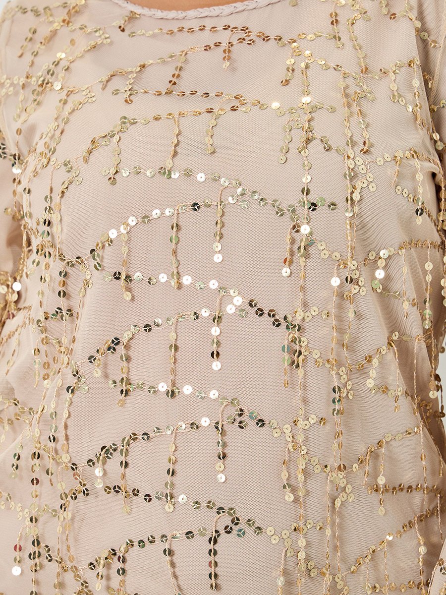 Plus Size Beige Sequin Long Sleeves A-Line Maxi Dress