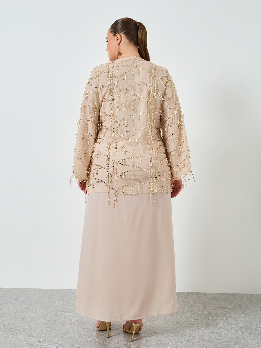 Plus Size Beige Sequin Long Sleeves A-Line Maxi Dress