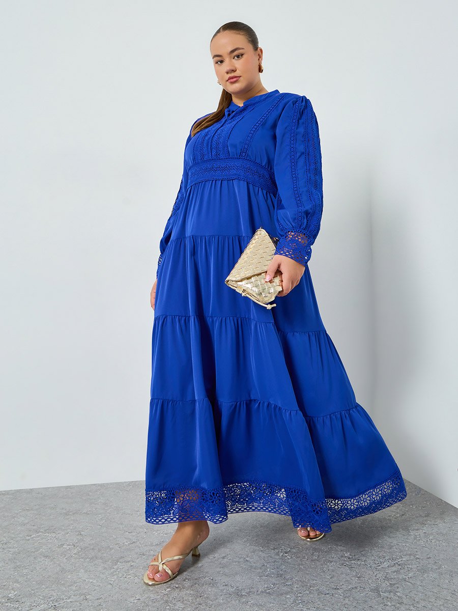 Plus Size Blue Long Sleeves Tiered Maxi Dress