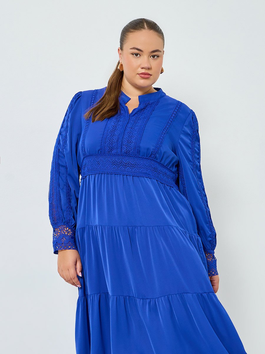 Plus Size Blue Long Sleeves Tiered Maxi Dress For Women at Bahrain | Styli Plus Size Blue Long Sleeves Tiered Maxi Dress For Women at Bahrain | Styli