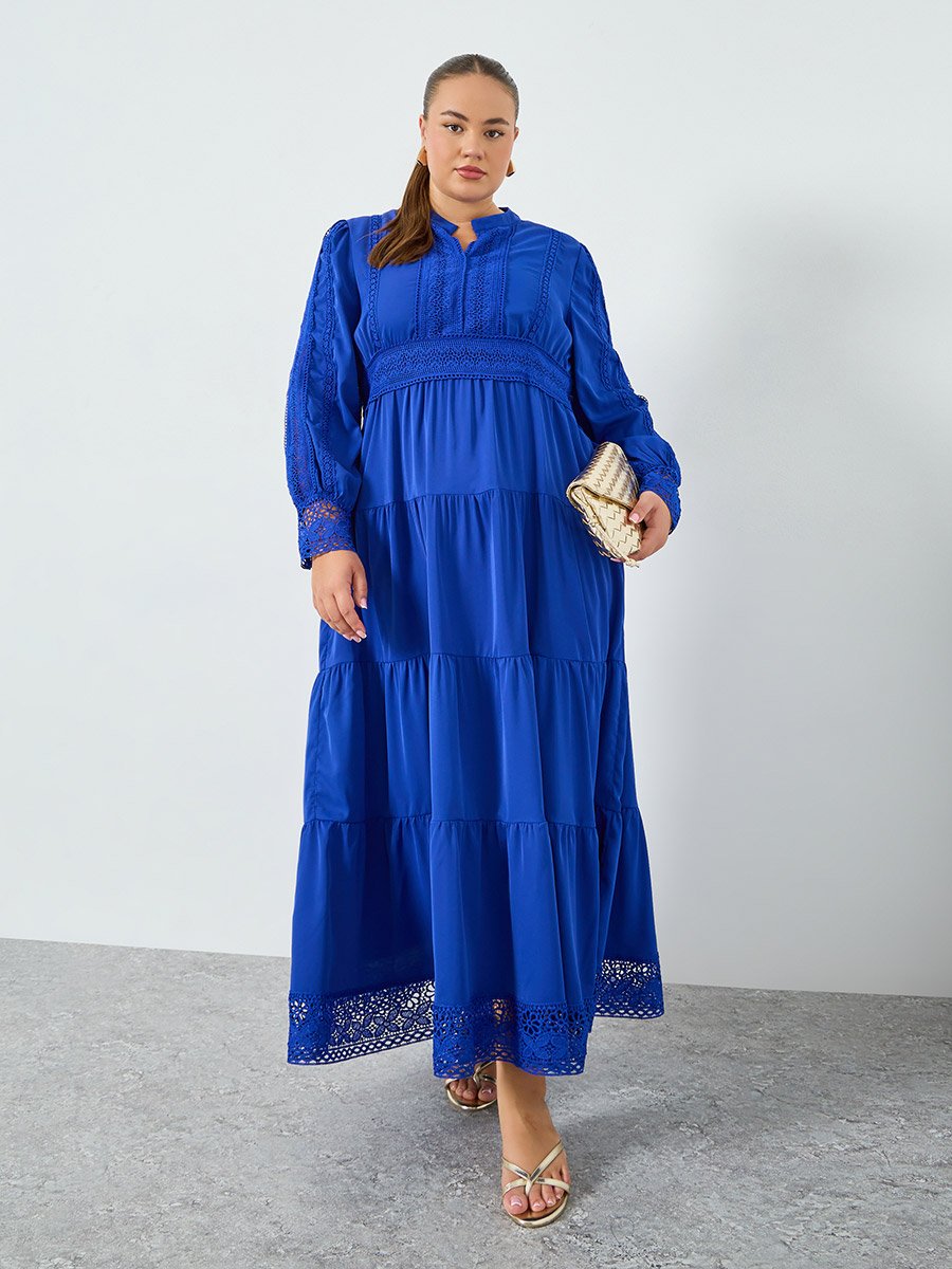 Plus Size Blue Long Sleeves Tiered Maxi Dress