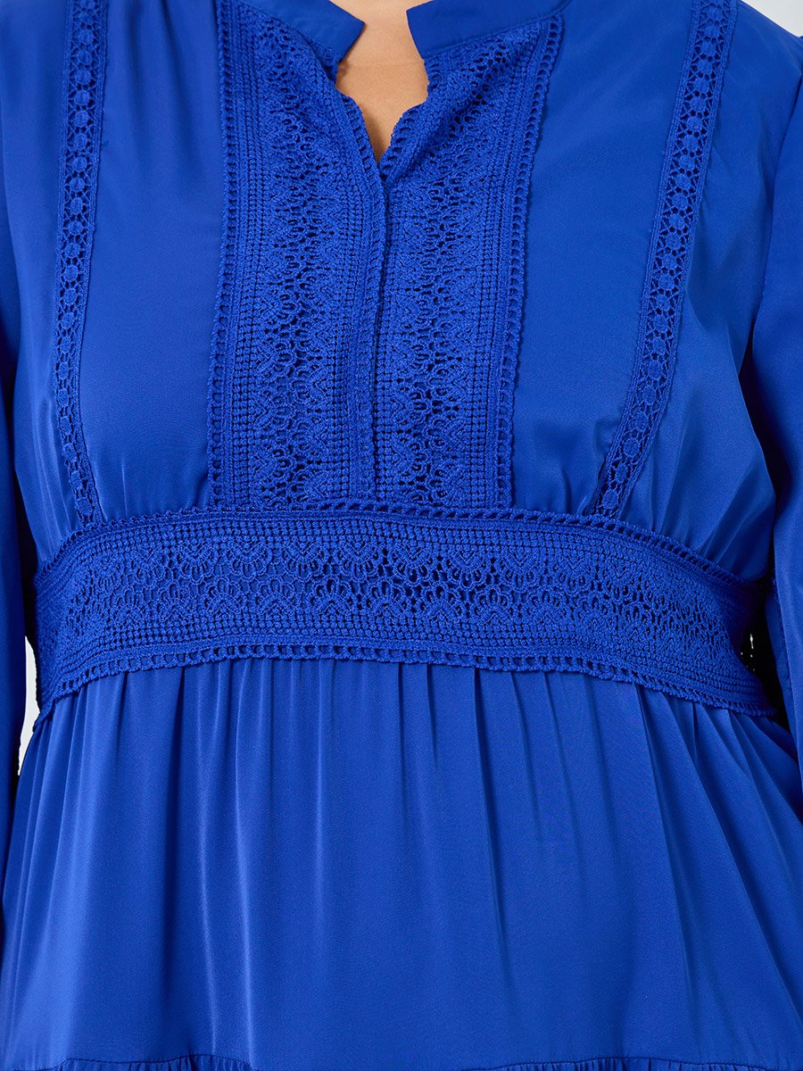 Plus Size Blue Long Sleeves Tiered Maxi Dress