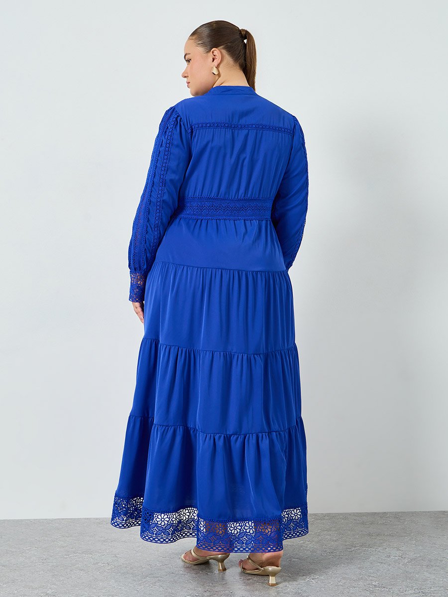 Plus Size Blue Long Sleeves Tiered Maxi Dress
