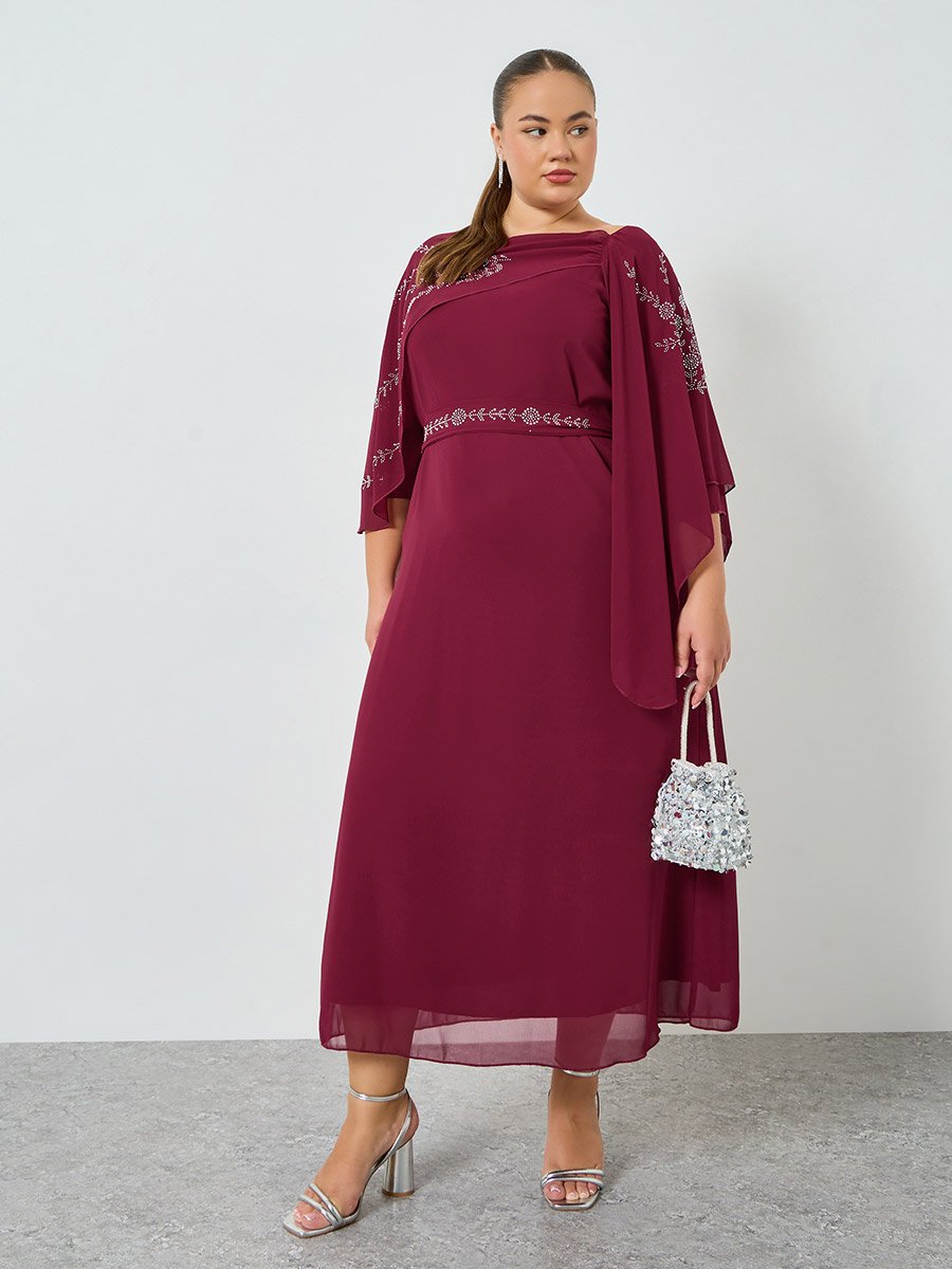 Plus Size Burgundy Embellished Cape Sleeve Maxi Dress For Women at Saudi | Styli Plus Size Burgundy Embellished Cape Sleeve Maxi Dress For Women at Saudi | Styli