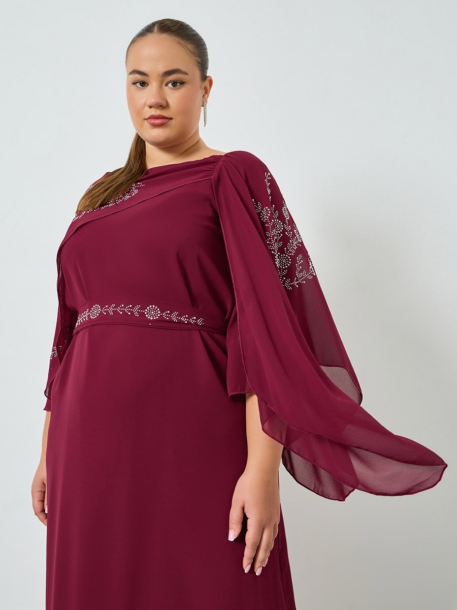 Plus Size Burgundy Embellished Cape Sleeve Maxi Dress