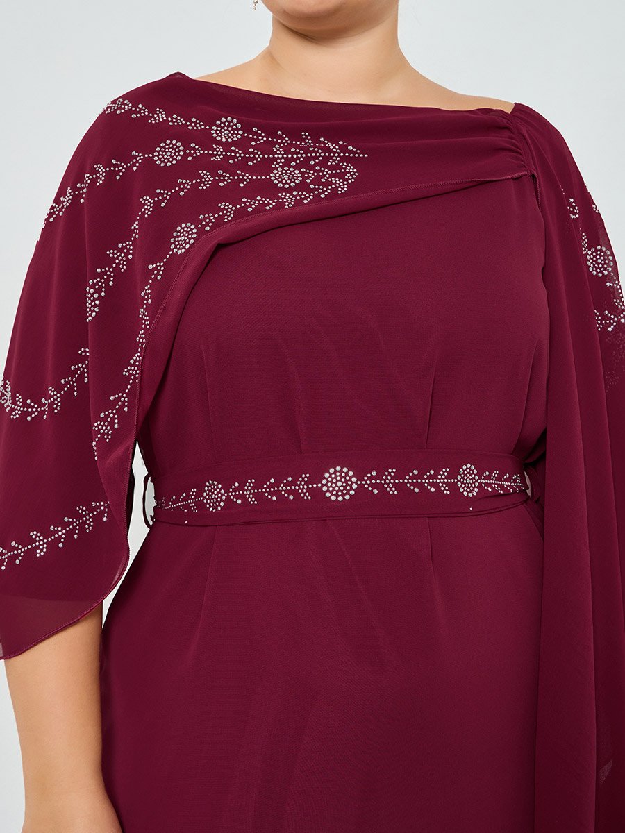 Plus Size Burgundy Embellished Cape Sleeve Maxi Dress