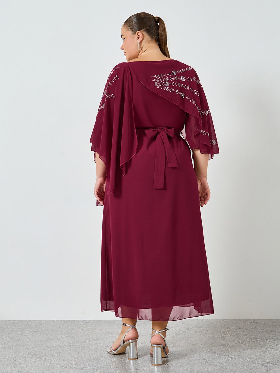 Plus Size Burgundy Embellished Cape Sleeve Maxi Dress