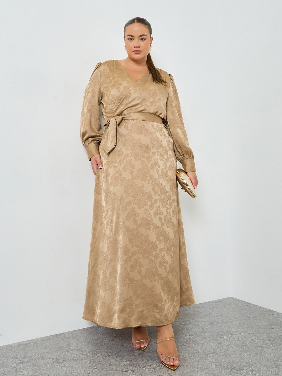 Plus Size Beige Long Sleeves Wrap Maxi Dress For Women at Kuwait | Styli Plus Size Beige Long Sleeves Wrap Maxi Dress For Women at Kuwait | Styli