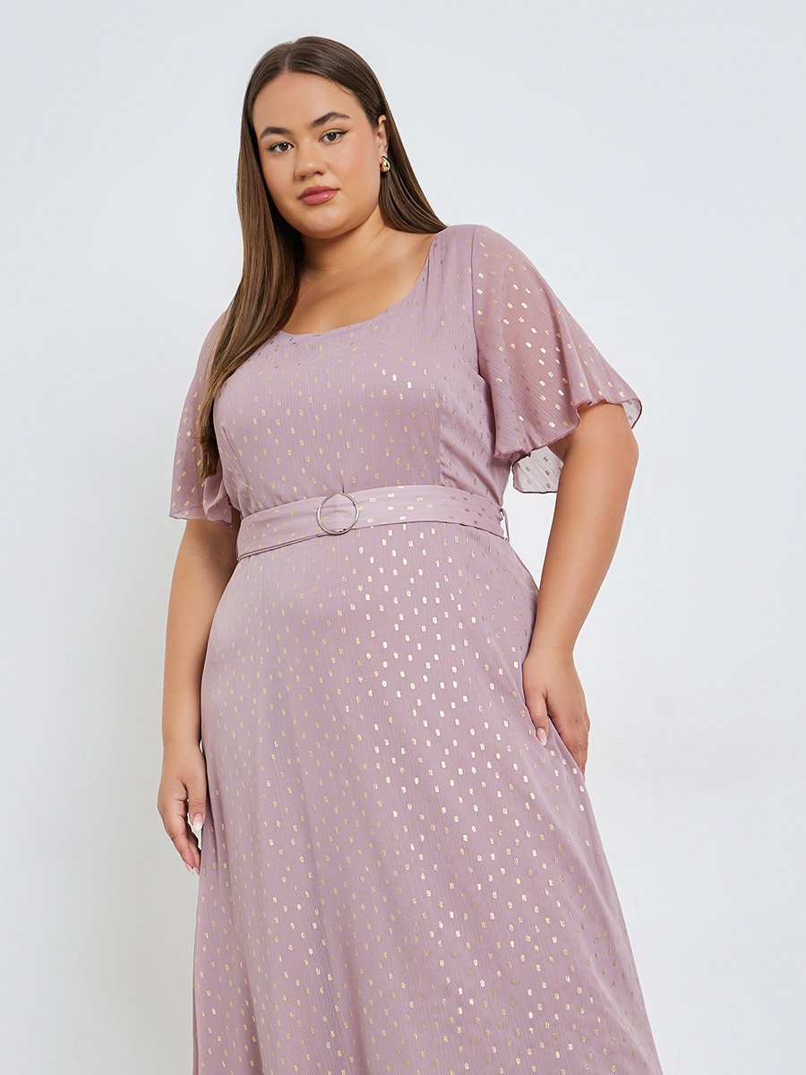 Plus Size Foil Print Maxi Dress with Belt
