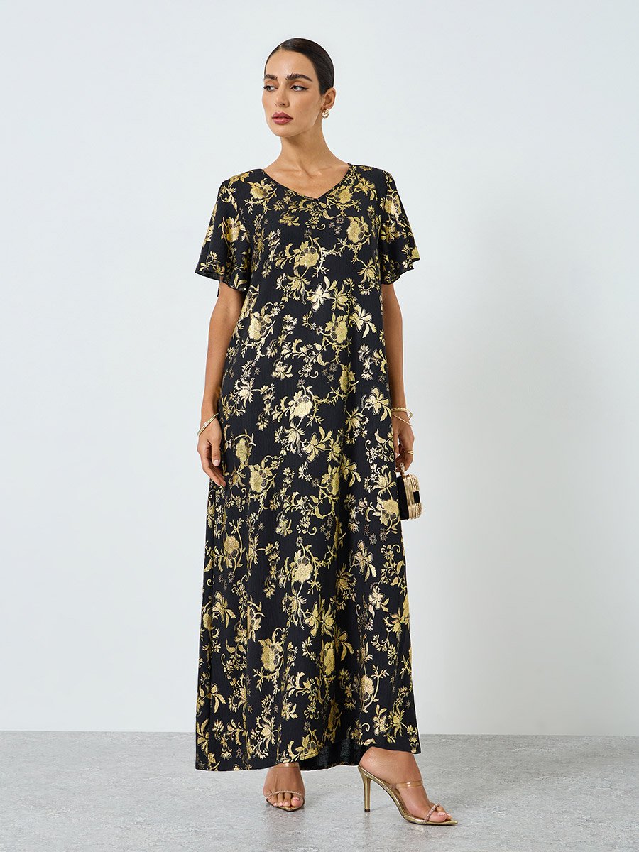 Women Floral Printed Short Sleeve Jalabiya