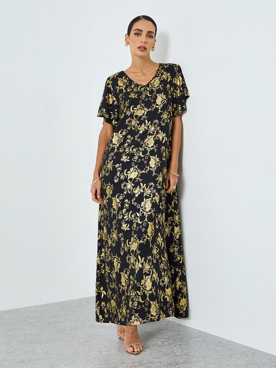 Women Floral Printed Short Sleeve Jalabiya