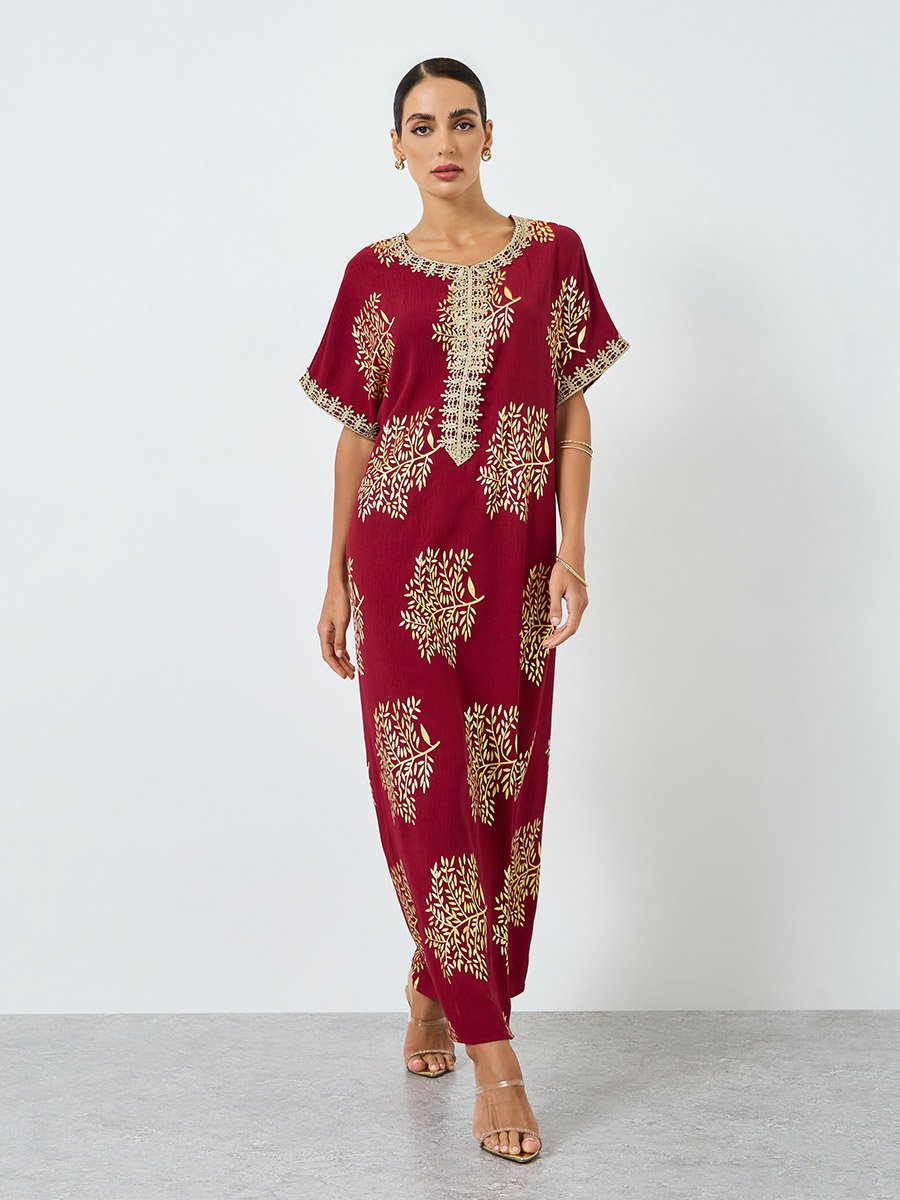 Women Tree Printed Golden Trim Patch Jalabiya