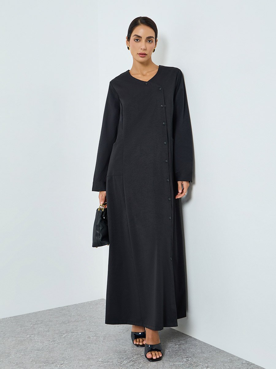 Women Black Button Front Long Sleeve Jalabiya