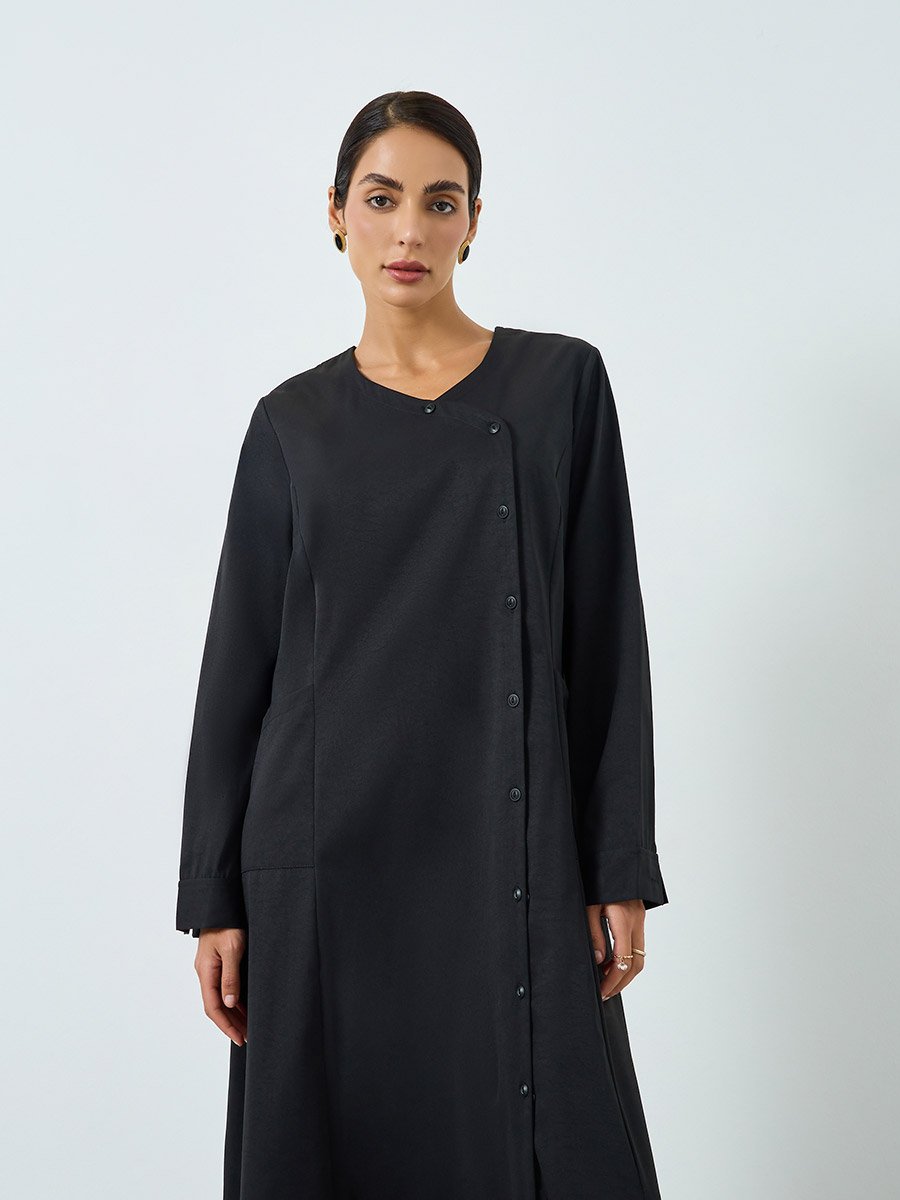 Women Black Button Front Long Sleeve Jalabiya