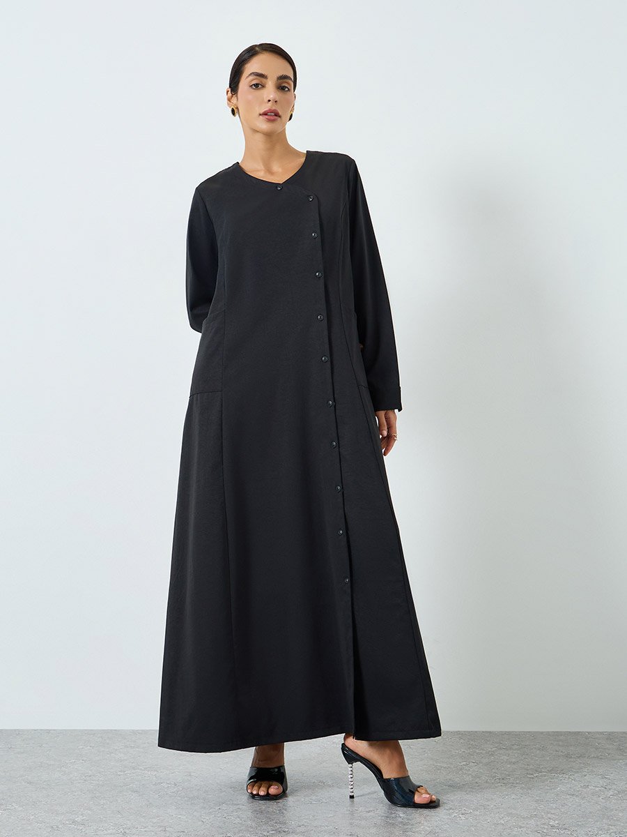 Women Black Button Front Long Sleeve Jalabiya