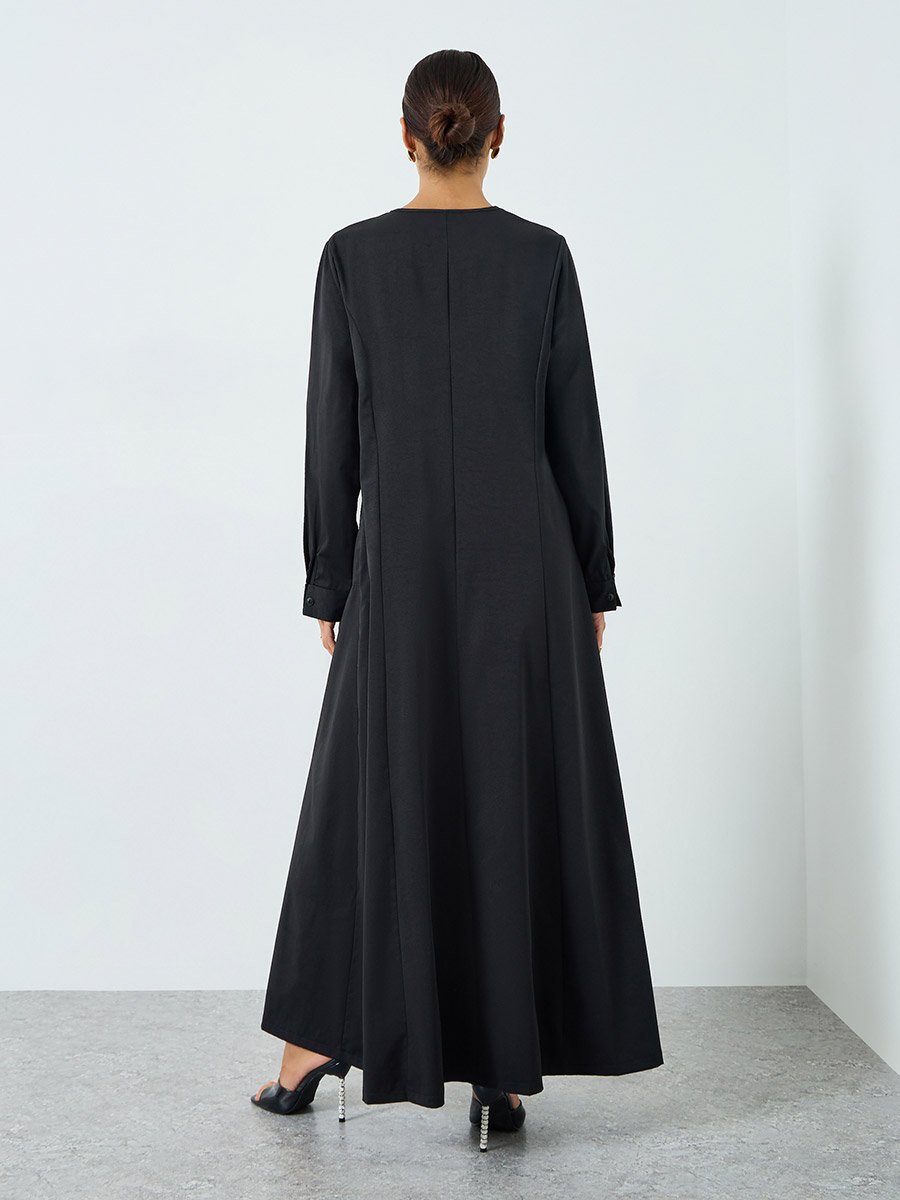 Women Black Button Front Long Sleeve Jalabiya