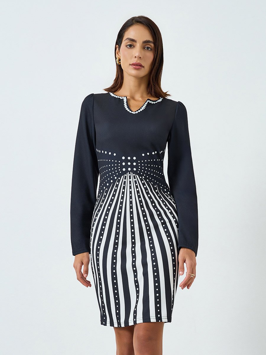 Women Black and White Graphic Print Bodycon Midi Dress