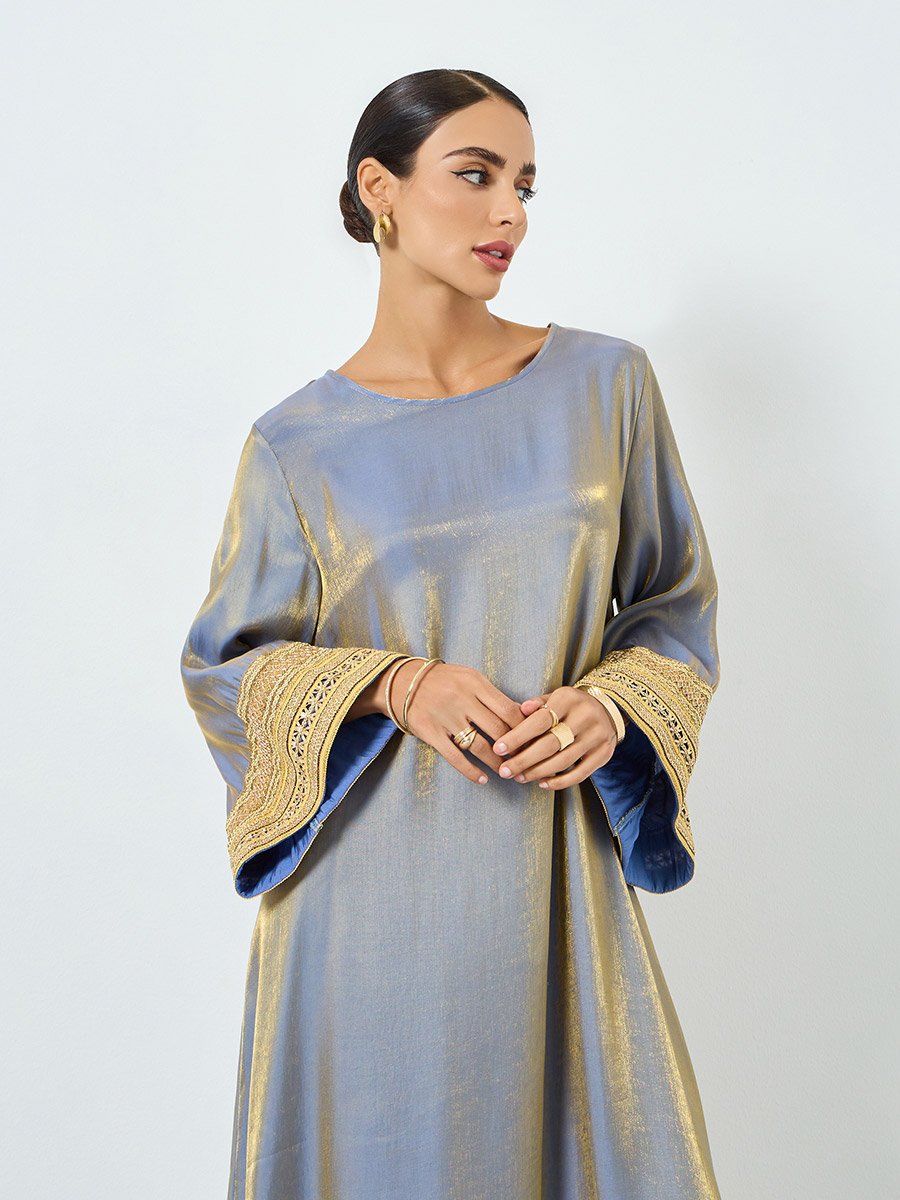 Women Contrast Long Sleeve Lace Trim Jalabiya