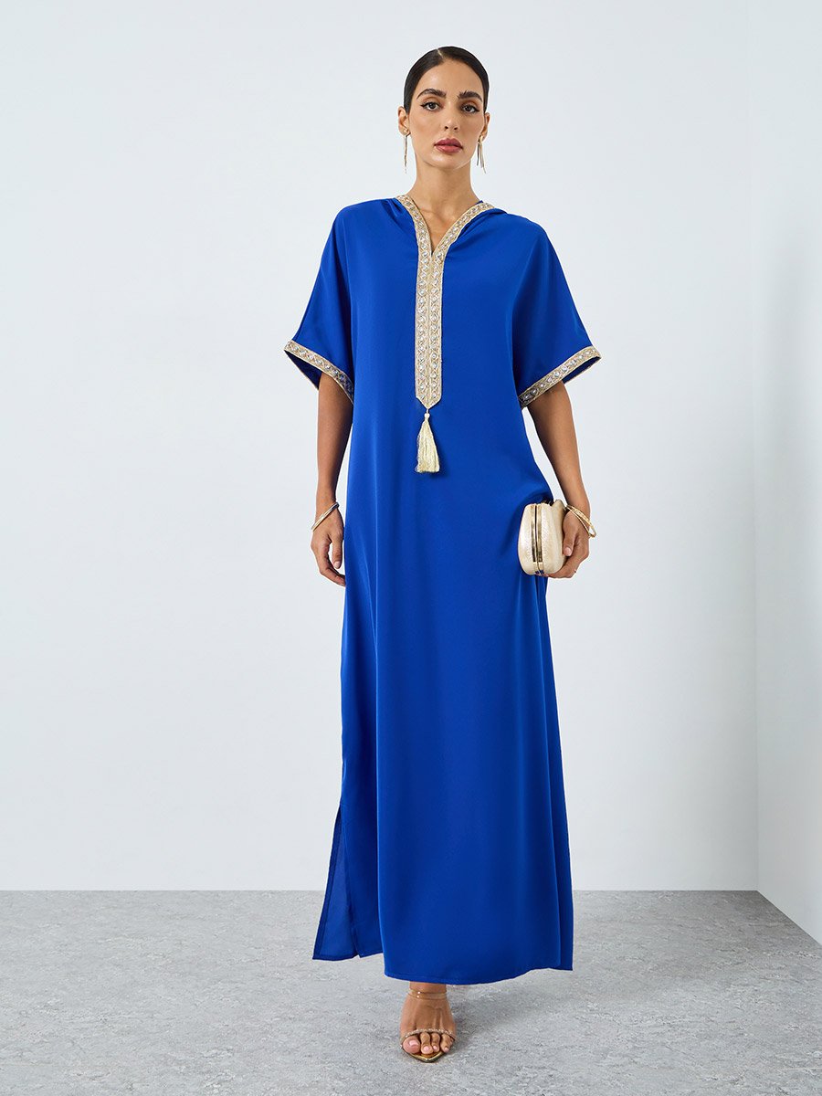 Women V-Neck Golden Patch Short Sleeve Jalabiya