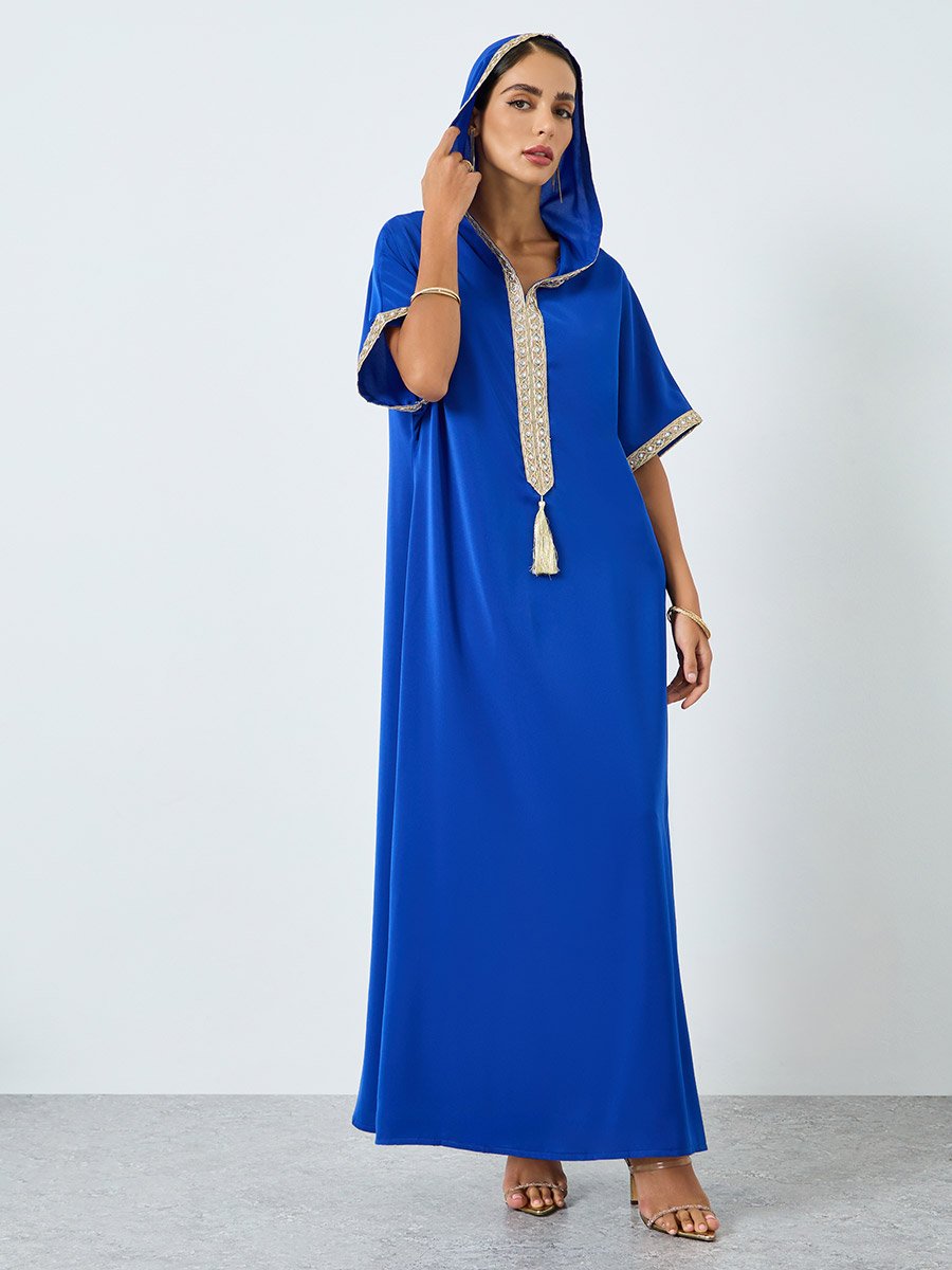Women V-Neck Golden Patch Short Sleeve Jalabiya