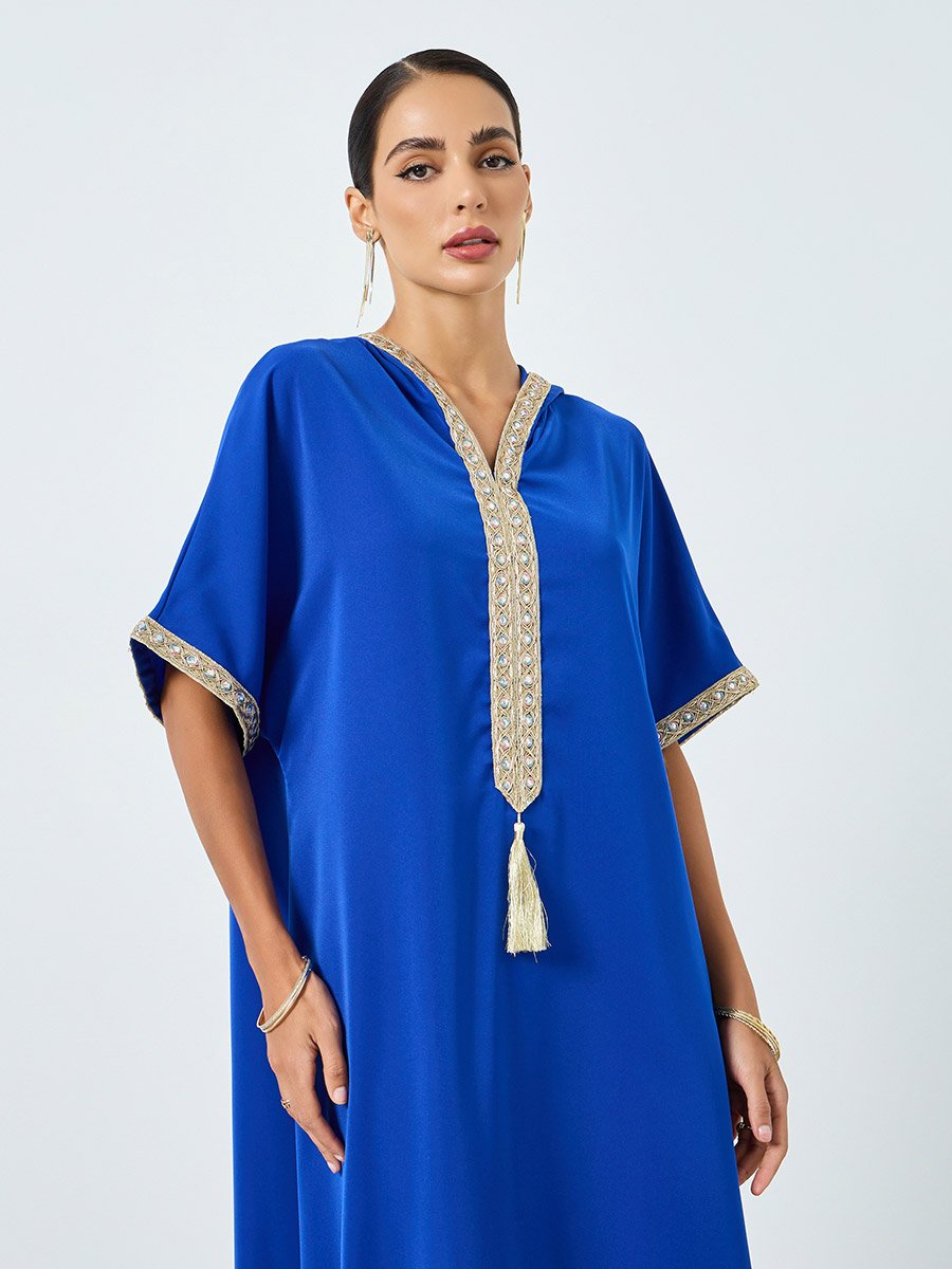 Women V-Neck Golden Patch Short Sleeve Jalabiya