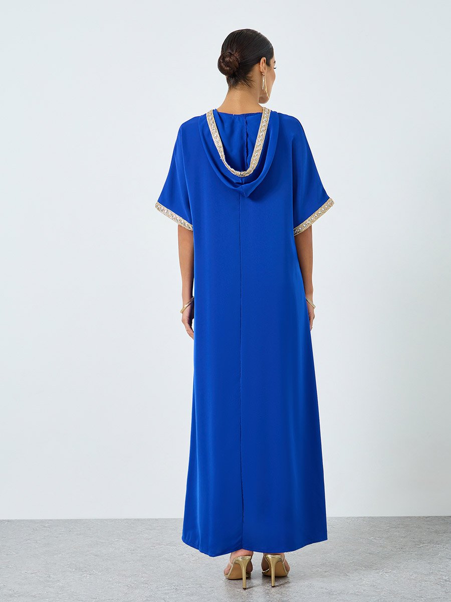 Women V-Neck Golden Patch Short Sleeve Jalabiya