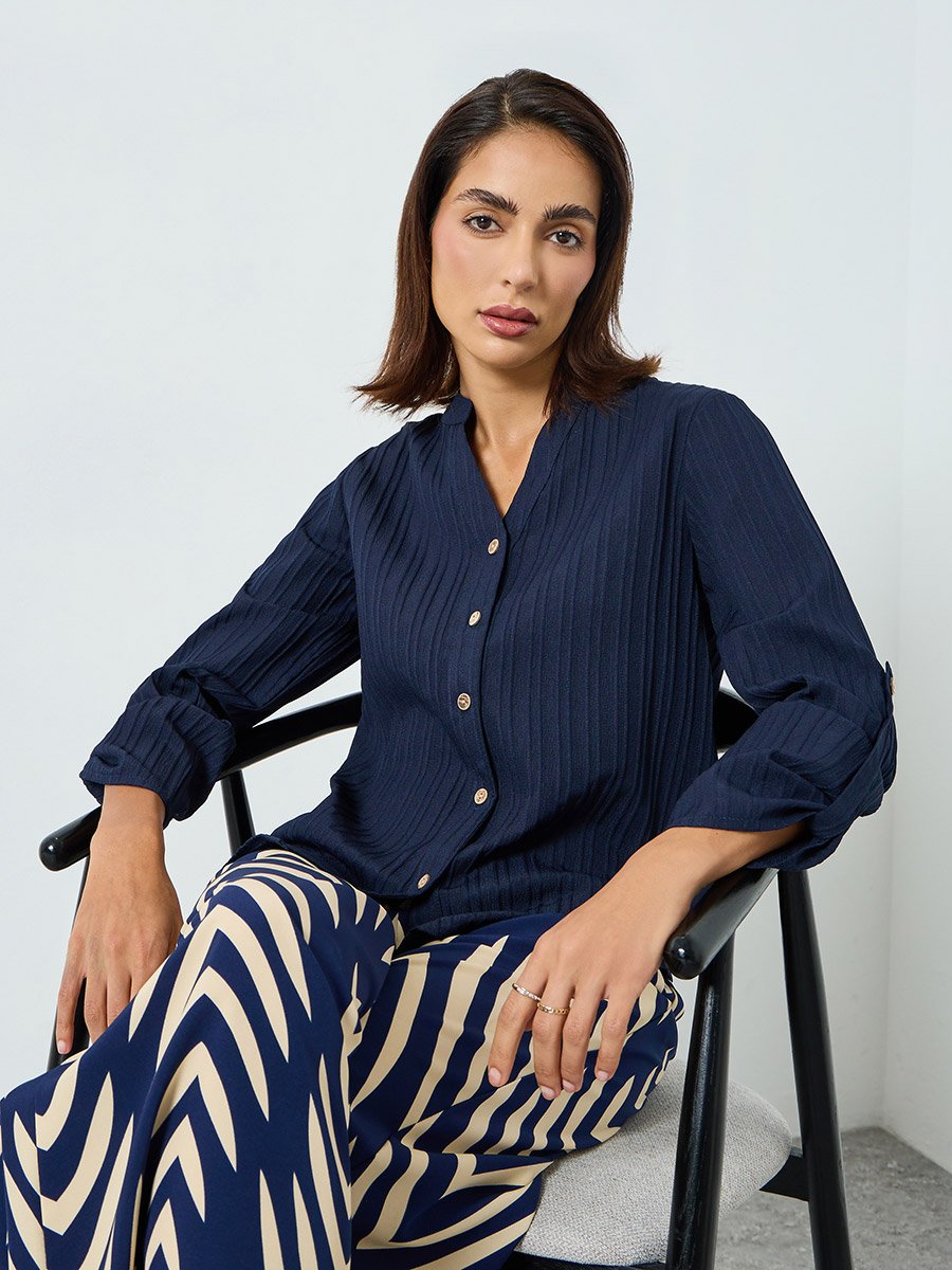 Women Textured Button Front Roll Up Sleeve Top