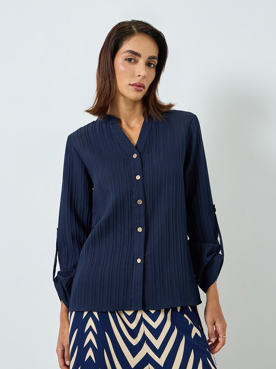 Women Textured Button Front Roll Up Sleeve Top