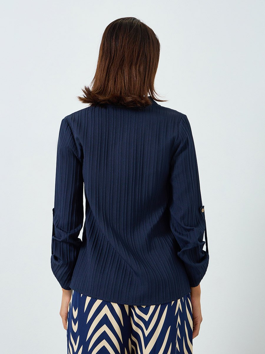 Women Textured Button Front Roll Up Sleeve Top