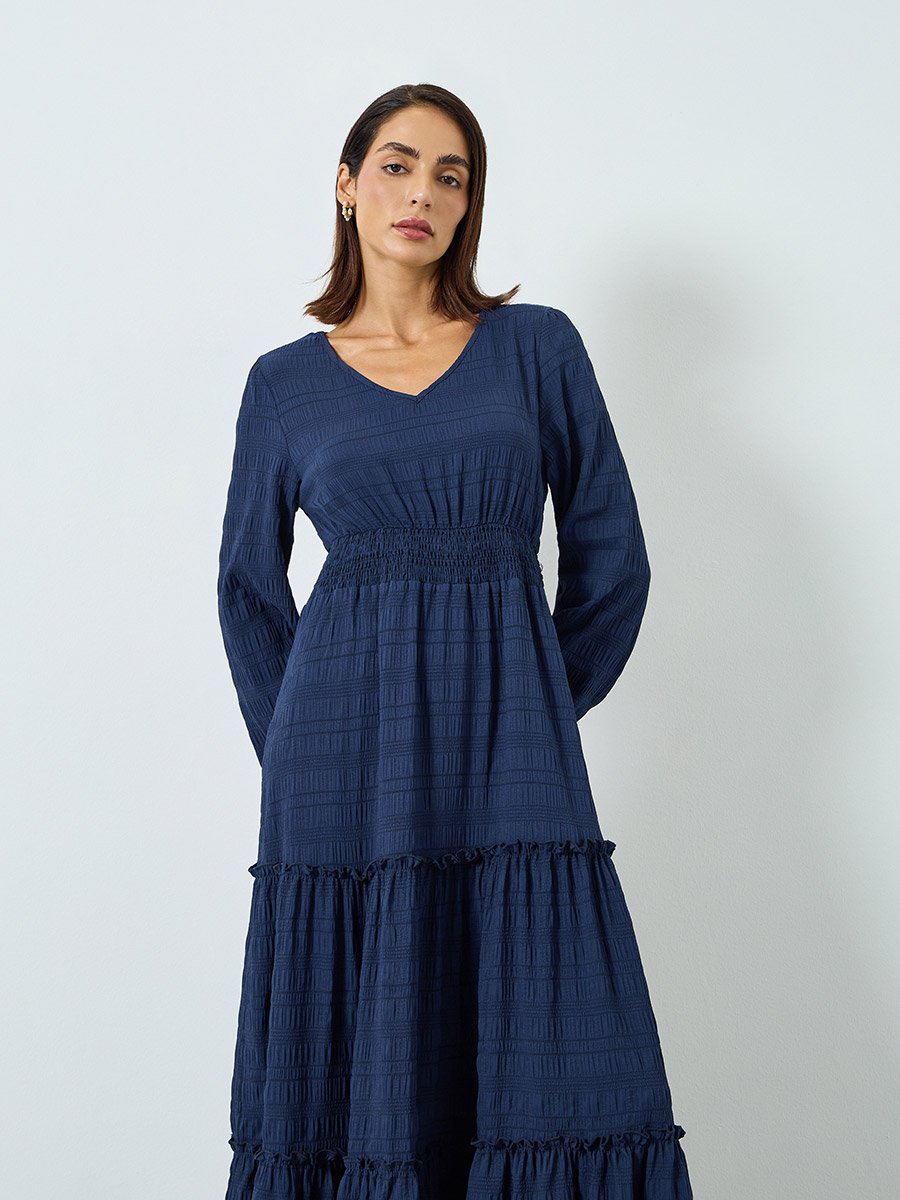 Women Navy Blue Textured Pleated Detail Maxi Dress