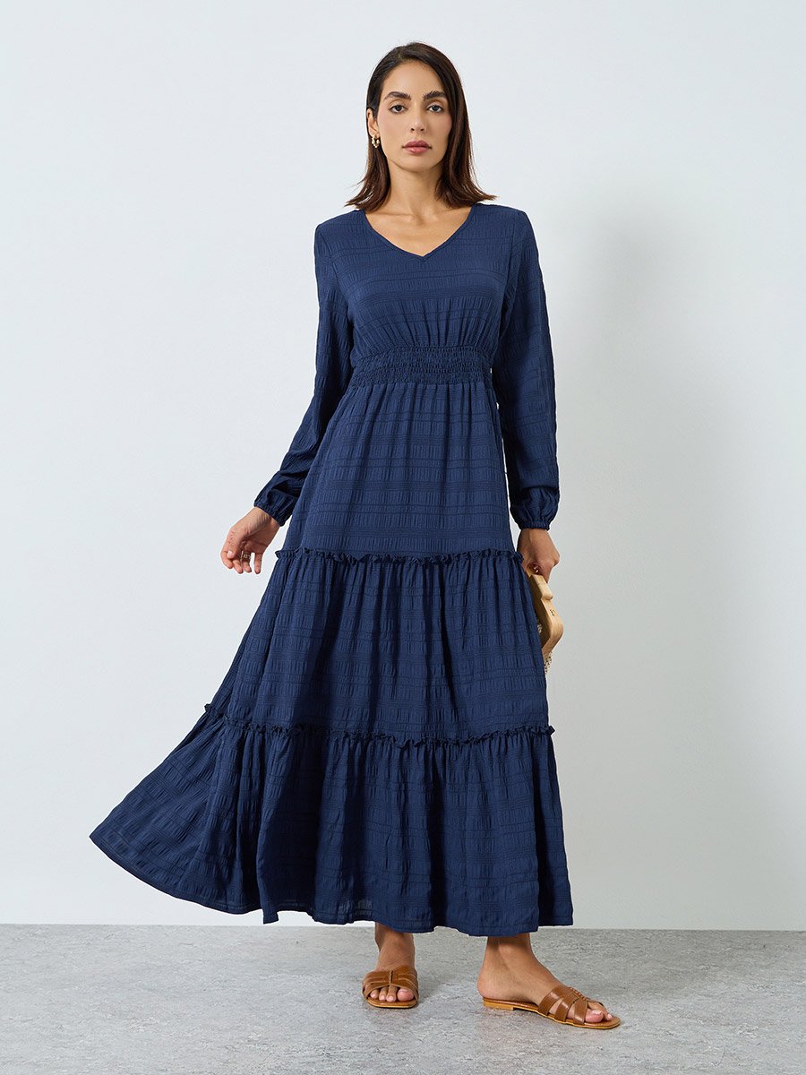 Women Navy Blue Textured Pleated Detail Maxi Dress