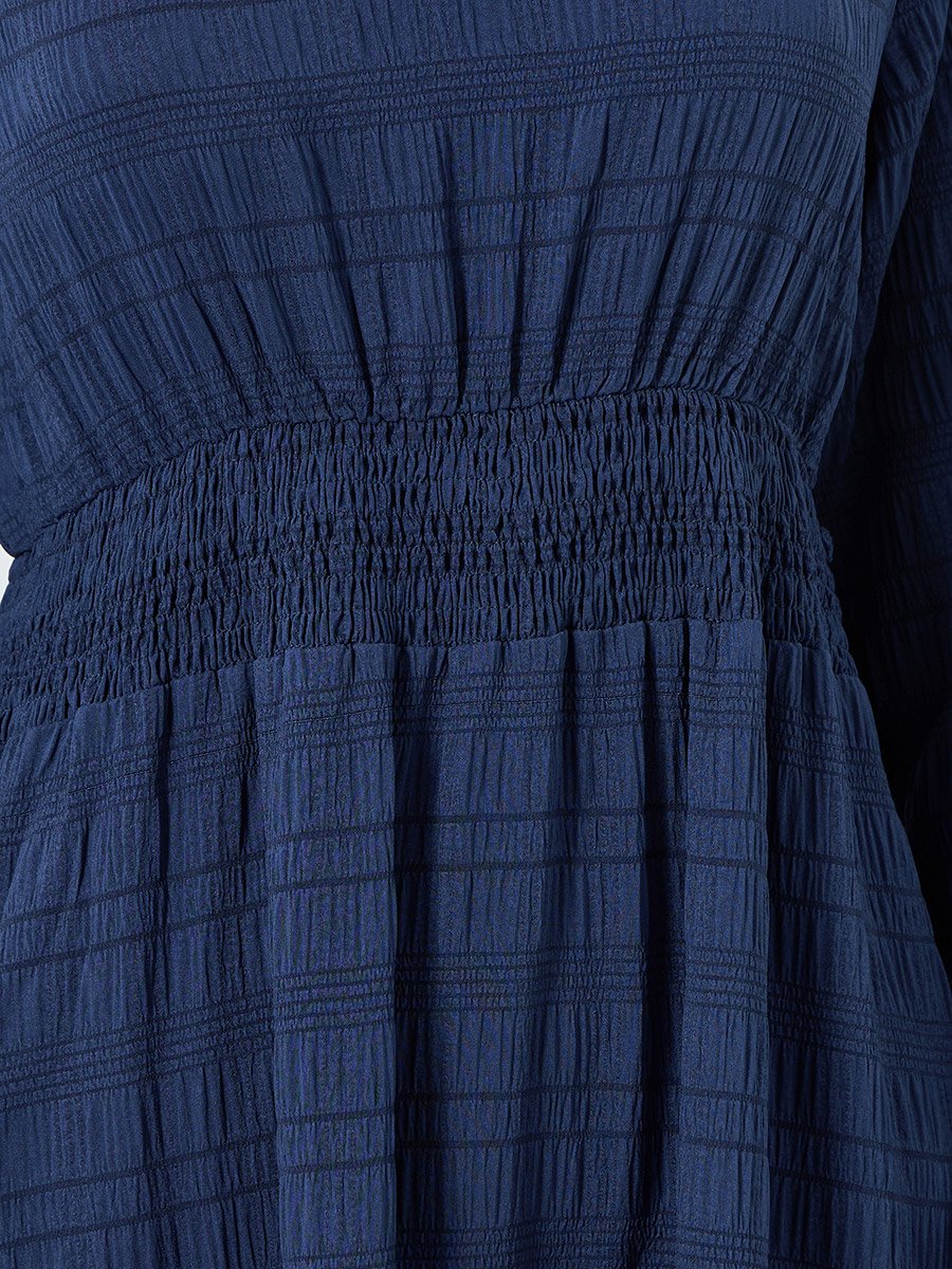 Women Navy Blue Textured Pleated Detail Maxi Dress
