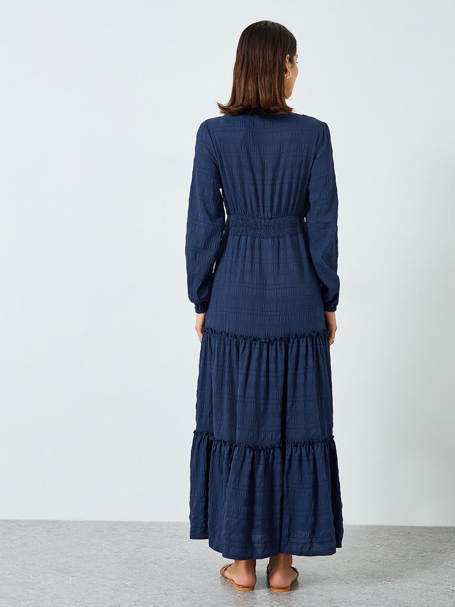 Women Navy Blue Textured Pleated Detail Maxi Dress