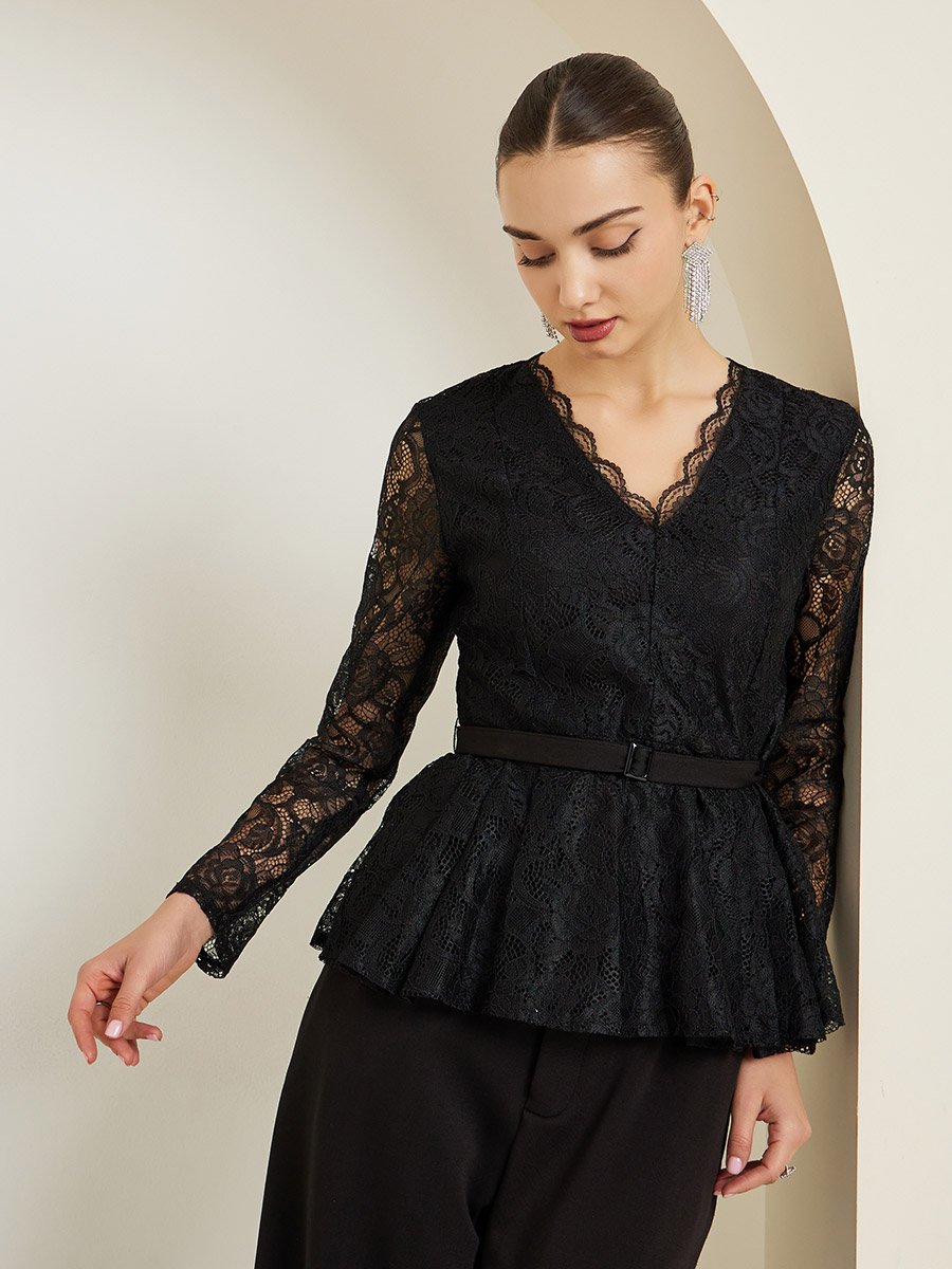Black Scallop Neckline Lace Peplum Top For Women at UAE | Styli