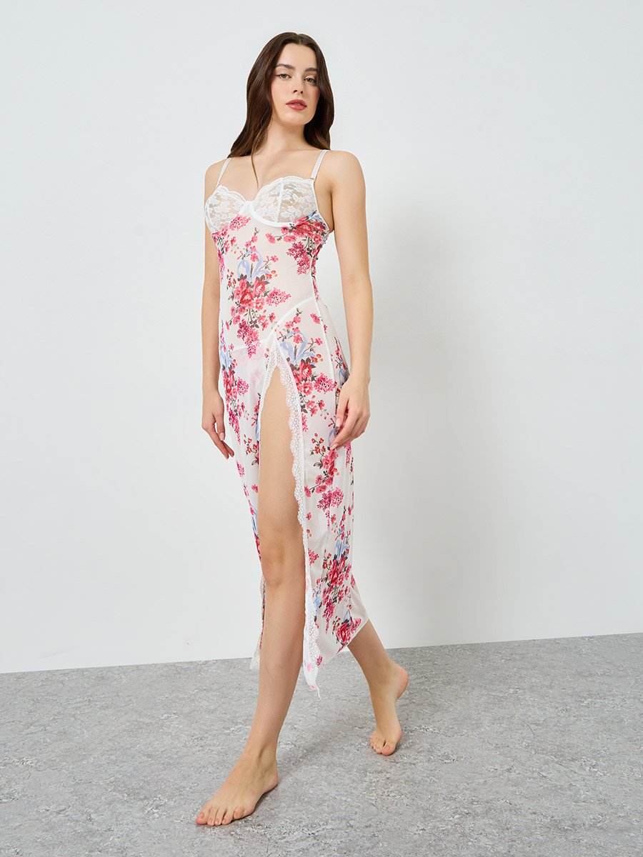 Women Floral Lace Slip Dress with Brief