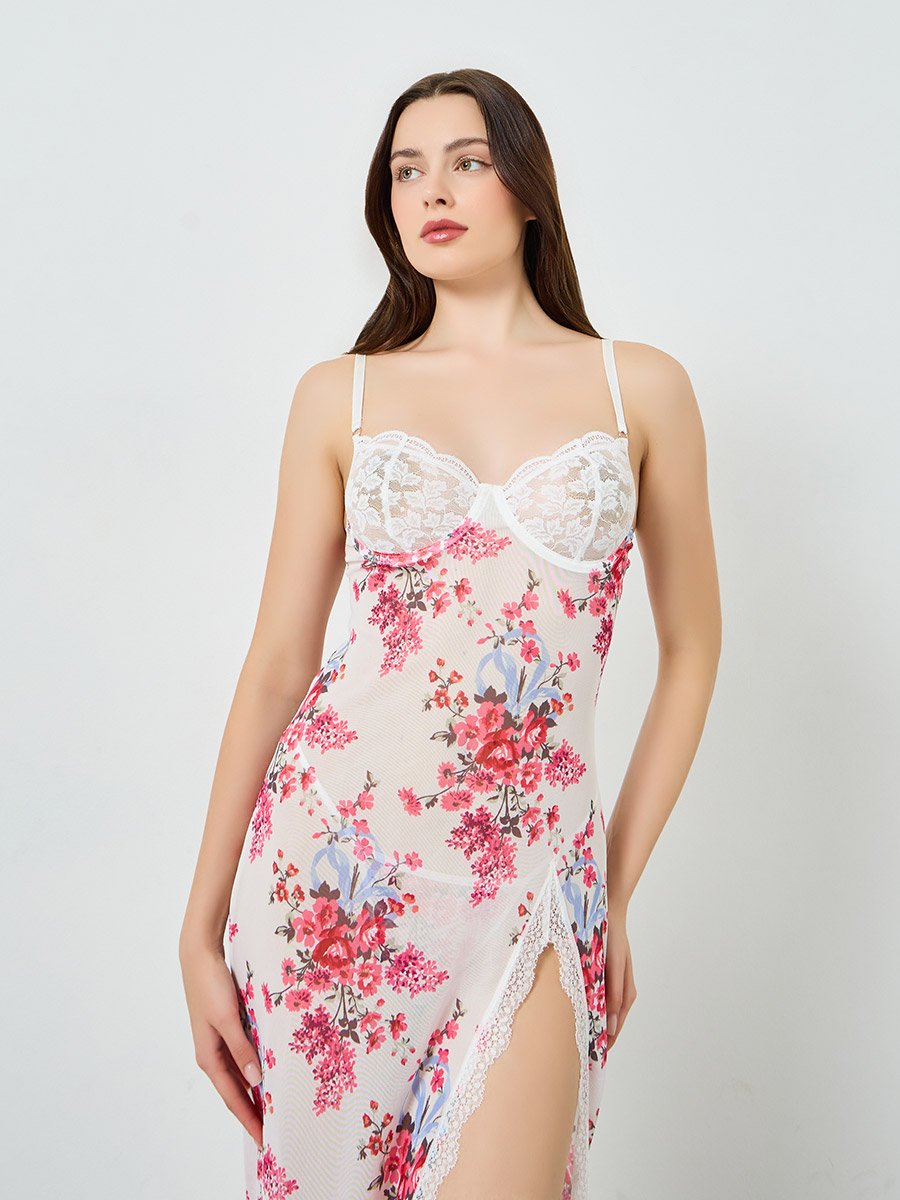 Women Floral Lace Slip Dress with Brief