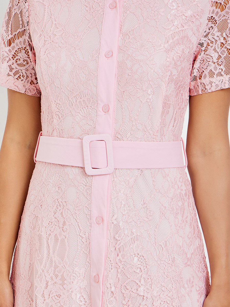 Pink Lace Belted Shirt Maxi Dress For Default Category at Oman | Styli