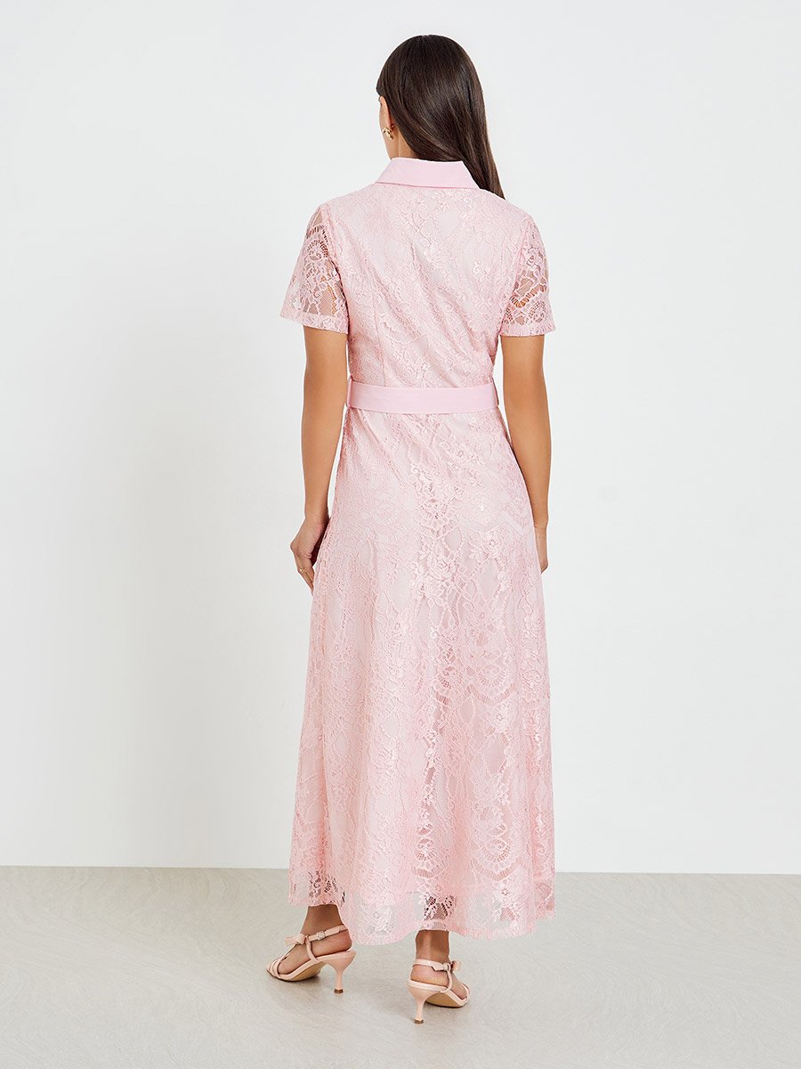 Pink Lace Belted Shirt Maxi Dress For Default Category at Oman | Styli Pink Lace Belted Shirt Maxi Dress For Default Category at Oman | Styli