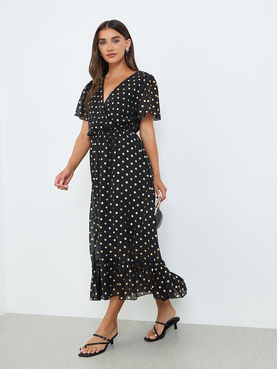 Women Black Polka Dot Print A-Line Maxi Dress