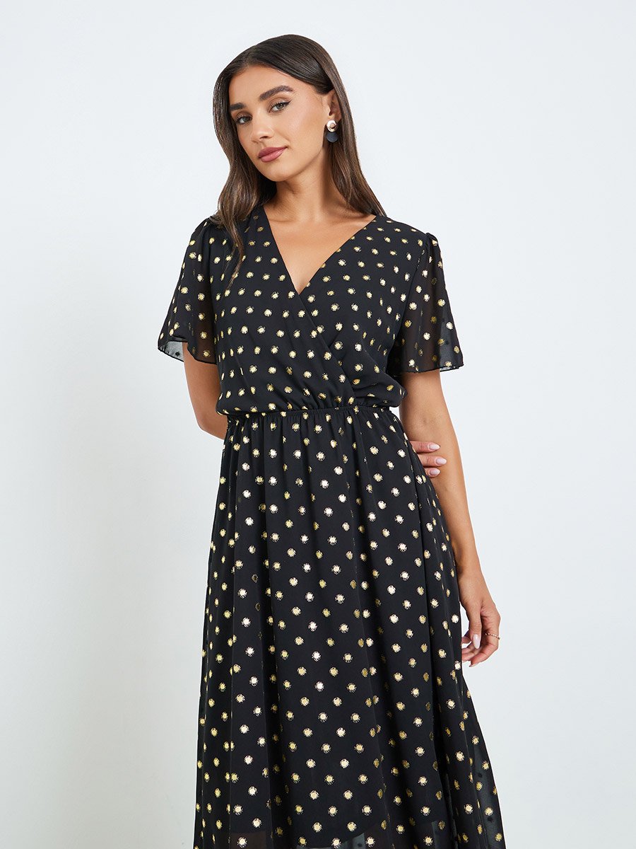 Women Black Polka Dot Print A-Line Maxi Dress