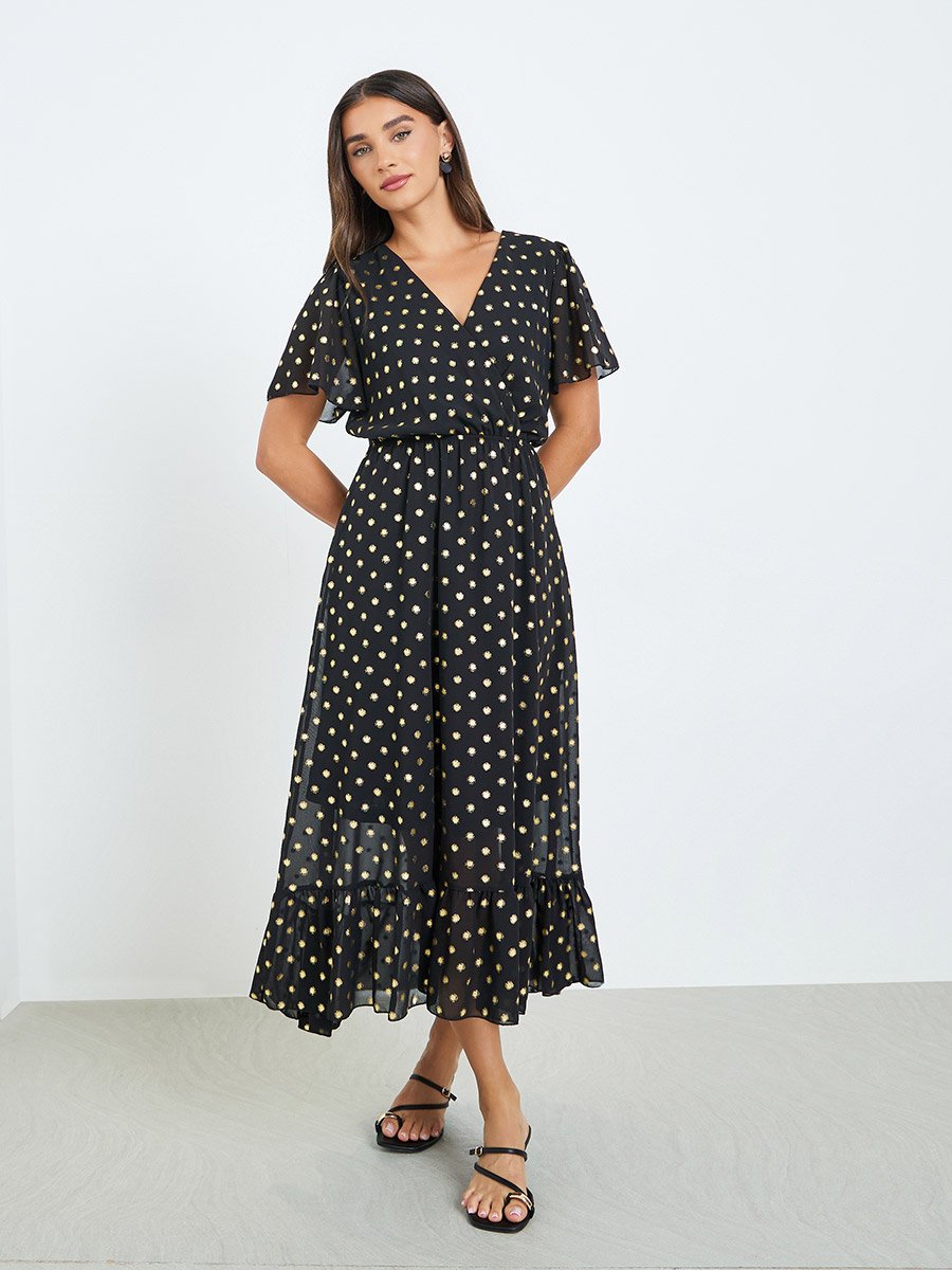 Women Black Polka Dot Print A-Line Maxi Dress