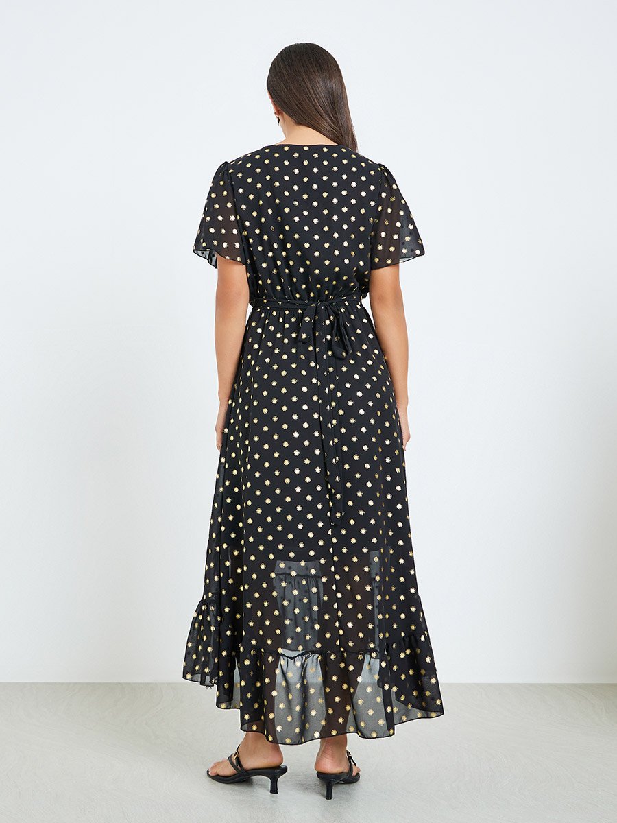 Women Black Polka Dot Print A-Line Maxi Dress