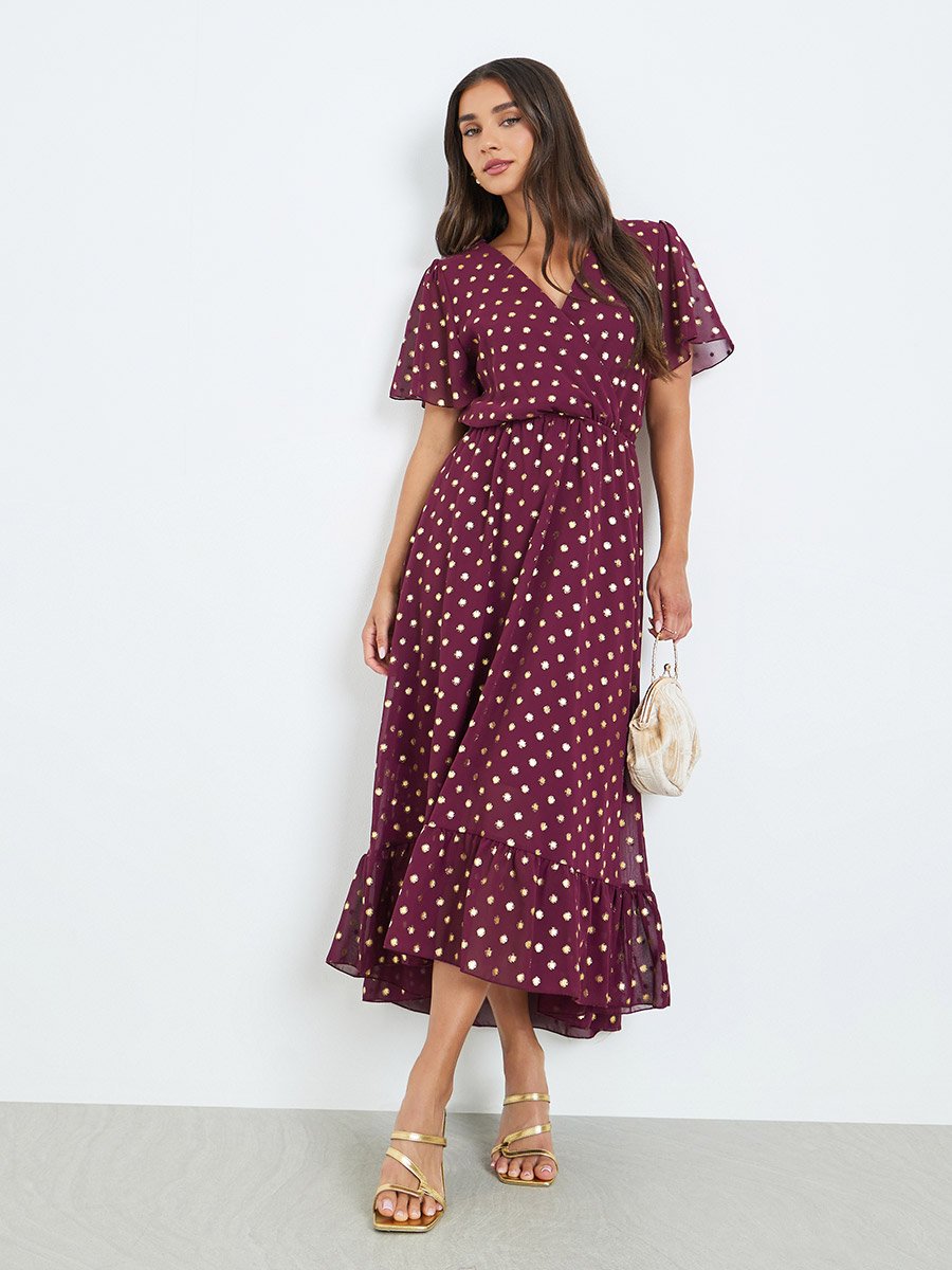 Women Burgundy Polka Dot Print A-Line Maxi Dress